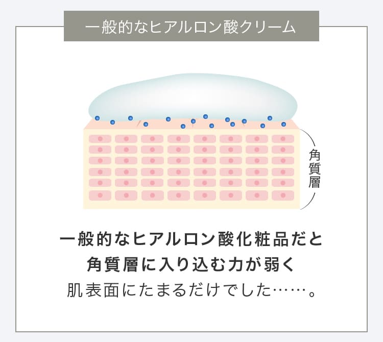 一般的なヒアルロン酸化粧品だと角質層に入り込む力が弱く肌表面にたまるだけでした……。